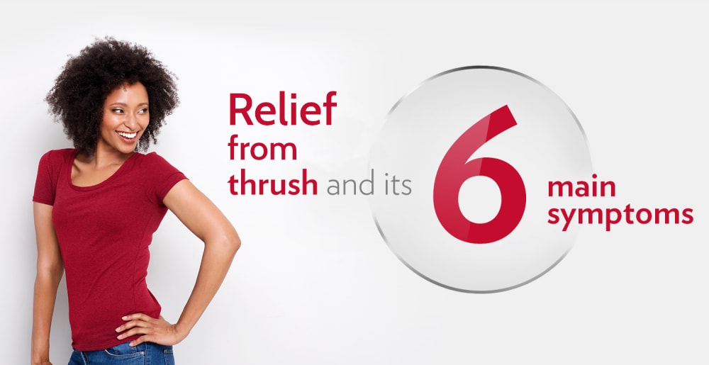 Smiling young woman wearing red T-shirt, happy after Cantesten's treatment and complete relief from thrush and its 6 main symptoms